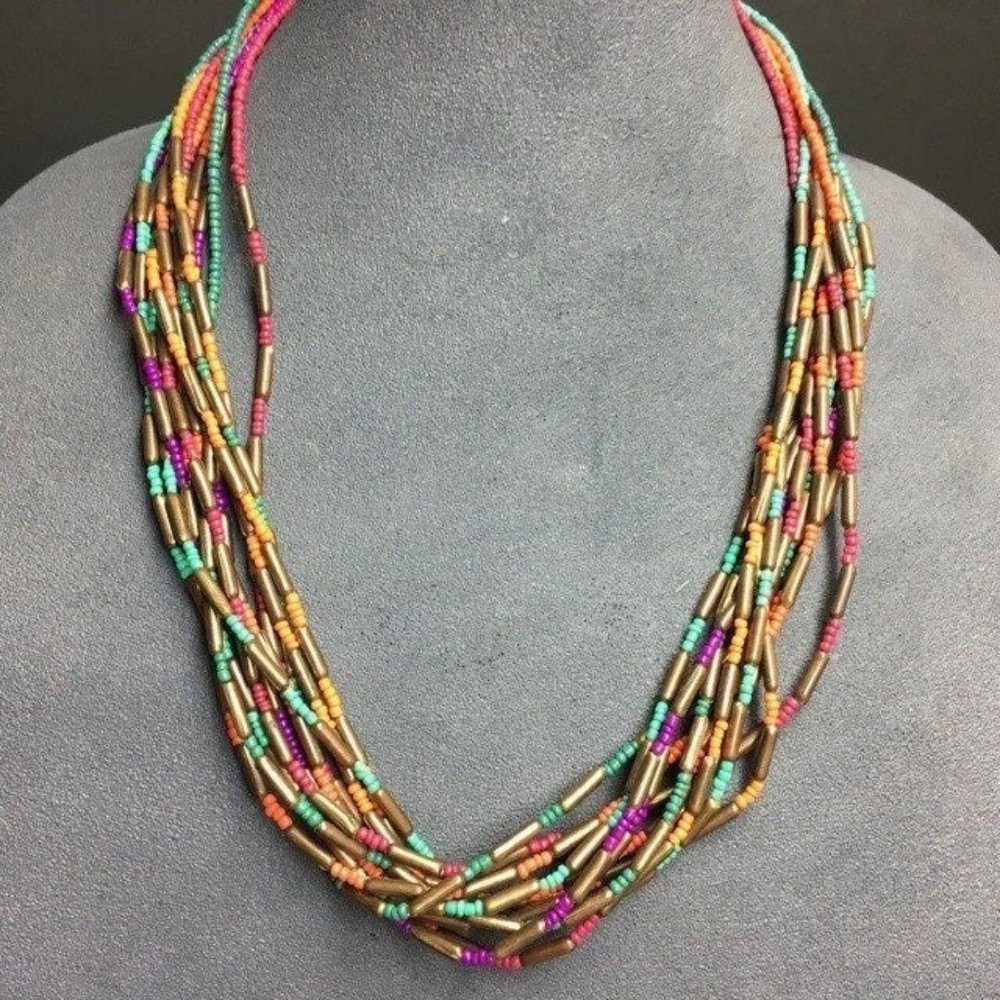 Gold Necklace Multicolor Seed Bead Multi Strand Turquoise Pink Purple Orange